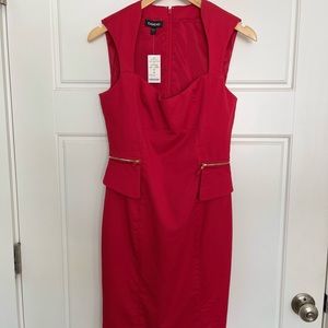 Bebe Red Dress - Bodycon/Jewel Sleeve, gold zipper detail